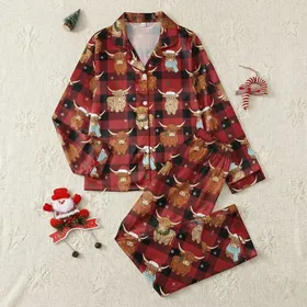 Highland Cow Lover's Festive Design: Whimsical Plaid Christmas Cows with Holly & Hats Satin Pajamas Set