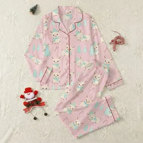 Winter Holiday Enthusiasts' Whimsical Cream Highland Cows, Teal Aqua Plaid, Pastel Pink Christmas Tree Pattern Satin Pajamas Set