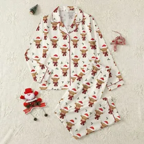 Women's Whimsical Highland Cow Heads Red Santa Hat Plaid Scarf Multi-Color Christmas Lights Snowflakes Holly Pattern Satin Pajamas Set