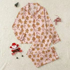 Women's Soft Pink Hand-Drawn Gingerbread Hot Cocoa Cookie Snowflake Pattern Satin Pajamas Set