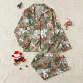 Women's Muted Rose Pink Tropical Jungle White Tiger Orchid Botanical Art Satin Pajamas Set