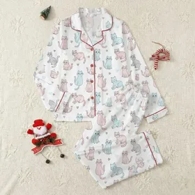 Women's Whimsical Hand-Drawn Cartoon Cats Pastel Pink Blue Grey White Outline Pattern Satin Pajamas Set