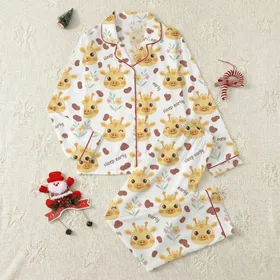 Women's Plus Size Cute Giraffe Busts Whimsical Pale Pink Floral & Reddish-Brown Spot Pattern with "Sleep Early" Text Satin Pajamas Set