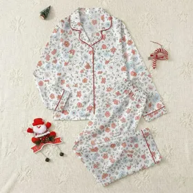 Delicate Floral Dream: Muted Terracotta Blue Pink Blossom & Vine Motif on Silver-Grey - Wearable Fabric Satin Short-Sleeve Pajamas Set