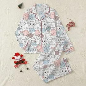 Cat Lovers : Hand-Drawn Kitten Expressions & Playful Poses - Pastel Feline Motif Satin Short-Sleeve Pajamas Set
