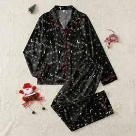 Relaxed Dreamer's Allover Motif: Stylized 'SL~P', Crescent Moon, Zzz Stars & J Elements Satin Pajamas Set