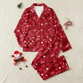 Affectionate Style: Vibrant Red Handwritten Love Hearts & Radiating Lines Statement Wear Satin Pajamas Set