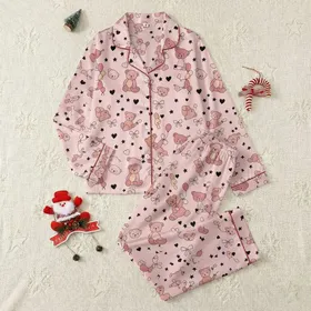 Sweetheart's Pale Pink Teddy Bear Heart Bow Star Scatter Design Cozy Wrap Satin Pajamas Set