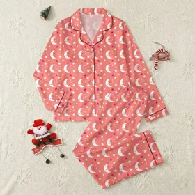 Dreamy Celestial: White Moon & Fuchsia Eyelash Star Motif on Soft Coral Pink Garment Kid Satin Pajamas Set