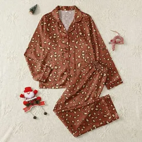 Coffee Lover Chic: Warm Russet Leopard Spot & Coffee Bean Design - Tan Beige Wearable Satin Pajamas Set