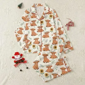 Women's Creamy Off-White Whimsical Fluffy Baby Highland Cow, Yellow Sunflower & Blue Floral Pattern Satin Pajamas Set