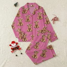 Whimsical Charm Adorers' Seamless Magenta Pink Baby Highland Calf Floral Crown Scatter Pattern Satin Pajamas Set