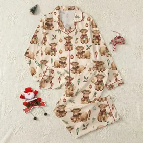 Farmhouse Christmas Enthusiasts' Watercolor Highland Cow Pattern, Red-Green Plaid Scarves, Vintage Gold Ornaments, Snowflakes, Cream Satin Pajamas Set