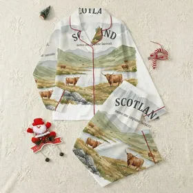 Scotland Heritage Admirer Muted Watercolor Scottish Highlands Landscape, Highland Cows, 'SCOTLAND' & Motto Art Satin Pajamas Set