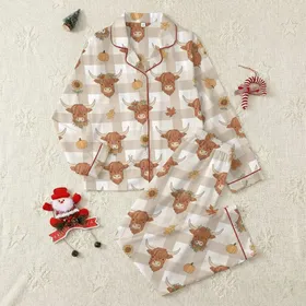 Farmhouse Style Enthusiasts' Whimsical Highland Cow Floral Crown Gingham Autumn Leaves Pattern Satin Pajamas Set