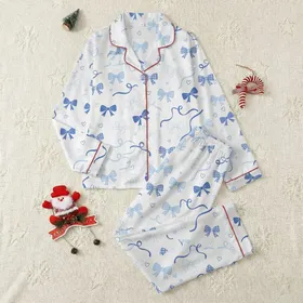 Women's White Pastel Blue Checkerboard Bows, Ribbons & Hearts Motif Satin Pajamas Set