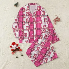 Women's Vibrant Pink Plaid Cartoon Bear Pattern White Black Gray Stripes Satin Pajamas Set