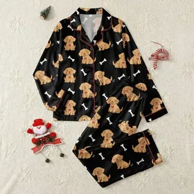 Golden Retriever Lover: Playful Puppies, Rosy Cheeks, Red Hearts & Bones Pattern - Black Background Satin Pajamas Set
