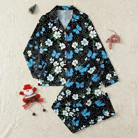 Women's Detailed Illustrative Black Azure Indigo Butterfly White Ivory Floral Seamless Satin Pajamas Set