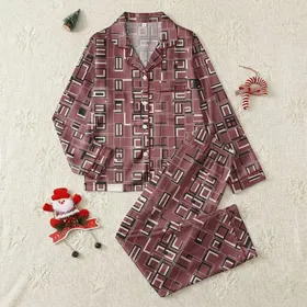 Women's Elegant Deep Maroon Black Geometric Alternating Squares Rectangles White Border Satin Pajamas Set
