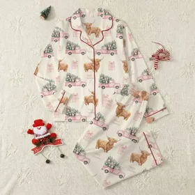 Whimsical Holiday: Fluffy Highland Cow Pink Truck Christmas Trees & Pink Gift Boxes - Soft Watercolor MERRY Christmas Design Satin Pajamas Set