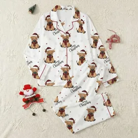 Women's Rustic Festive Highland Cow Buffalo Plaid Santa Hat & Snowflake Pattern Satin Pajamas Set