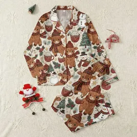 Holiday Enthusiasts' Whimsical Highland Cow, Hot Cocoa, Snowmen Festive Winter Pattern in Red, Green, Gold, Brown Satin Pajamas Set