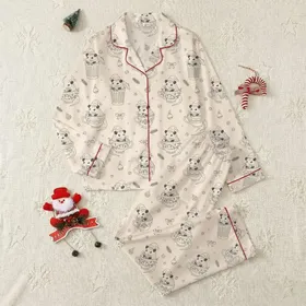 Women's Whimsical Hand-Drawn Christmas Opossum Pattern with Santa Hats, Teacups, and Festive Accents on Soft Peach Satin Pajamas Set