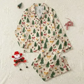 Women's Festive Cream Watercolor Fir Tree Red Bow Golden Ochre Holly Berry Pinecone Pattern Satin Pajamas Set