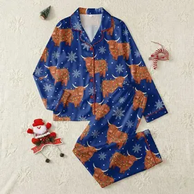 Festive Animal Lovers' Royal Blue Christmas Light Highland Cow & Snowflake Pattern Satin Pajamas Set