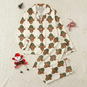 Highland Cow Lovers' Detailed Brown Highland Cow Heads Olive Beanie Cream All-Over Pattern Satin Pajamas Set