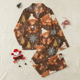 Cozy Winter Fans' Highland Cow Calves Hot Cocoa Christmas Tree Seamless Pattern Satin Pajamas Set