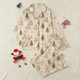 New Parents' Adorable Watercolor Seamless Plump Teddy Bears, Basket Trees, Wrapped Gifts, Golden Stars in Muted Cream, Forest Green, Sepia, Cranberry Red Satin Pajamas Set