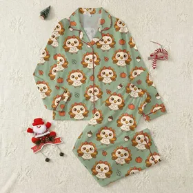 Kids' & Family Adorable Chibi Baby Turkeys Autumn Leaves Sage Green Pattern Satin Pajamas Set