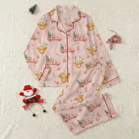 Cozy Christmas Lovers' Whimsical Watercolor Highland Cow Vintage Truck Blush Pink Seamless Pattern Satin Pajamas Set