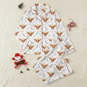 Women's Whimsical Watercolor Fluffy Highland Cow Faces with Lavender Flowers Purple Hearts Bows Pattern Satin Pajamas Set
