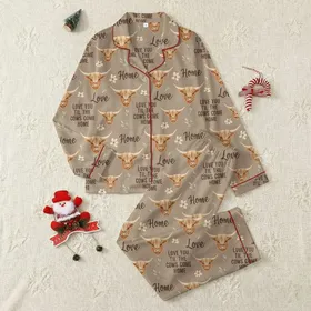 Highland Cow Enthusiasts' Watercolor Highland Cow Heads Rustic Pattern with Taupe, Reddish-Brown & "Love You Til The Cows Come Home" Text Satin Pajamas Set