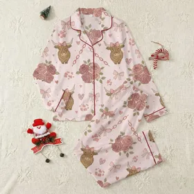Coquette Lovers' Fluffy Brown Highland Cow Pink Bow Rose Pastel Pink Heart Rustic Design Satin Pajamas Set