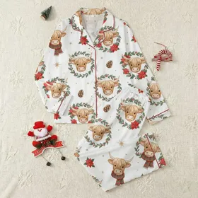 Highland Cow Christmas: Watercolor Heads, Holly, Poinsettia & Plaid Holiday Motif Satin Pajamas Set