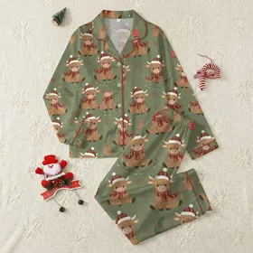 Cow Lovers' Whimsical Highland Calf Red Plaid Santa Hat Olive Green Christmas Pattern with Fairy Lights Satin Pajamas Set