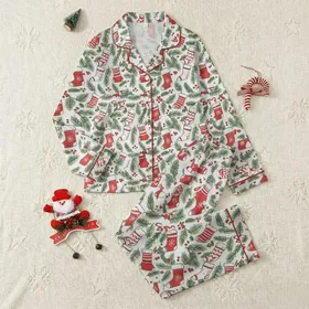 Families' Whimsical Red & Green Christmas Stockings, Pine & Holly Berry Design on White Satin Pajamas Set
