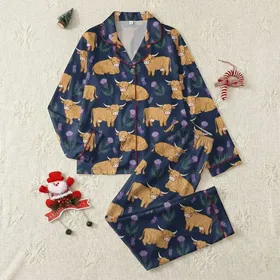 Scottish Nature Lovers' Whimsical Highland Cow Thistle Heather Deep Navy Golden Brown Purple Pattern Satin Pajamas Set