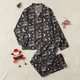 Women's Plus Size Dark Heather Grey Playful 'LET ME SLEEP' Text, Rose Pink Moon & Star Scatter Pattern Satin Pajamas Set