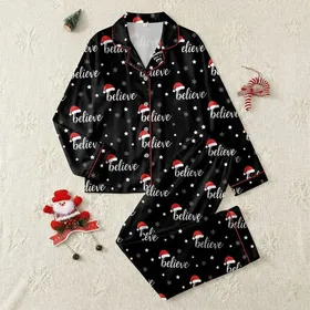 Women's Festive All-Over White Script Believe Red Santa Hat Star Snowflake Pattern Satin Pajamas Set