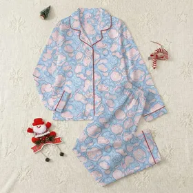 Serene Organic Swirls: Pale Sky Blue Muted Pink Paisley Dots Custom Design Satin Pajamas Set