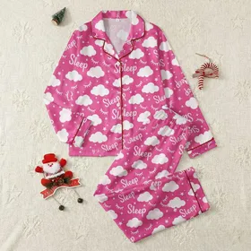 Women's Vibrant Hot Pink White Whimsical Eyelash Star Cloud Sleep Typography Pattern Satin Pajamas Set