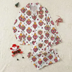 Women's Vibrant Folk Art Fuchsia Orange Turquoise Stylized Heart Eye Flame Pattern Satin Pajamas Set