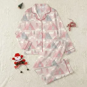 Women's Soft Pink Muted Gray Minimalist Geometric Mountain Pine Cloud Pattern Satin Pajamas Set