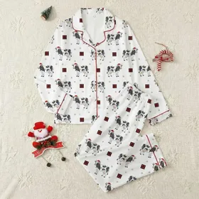 Families' Whimsical Christmas Cow Pattern with String Lights & Buffalo Plaid Satin Pajamas Set