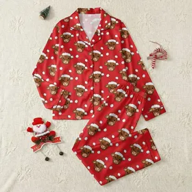 Farm Animal Lovers' Whimsical Red Christmas Highland Cow Santa Hat Pattern Satin Pajamas Set